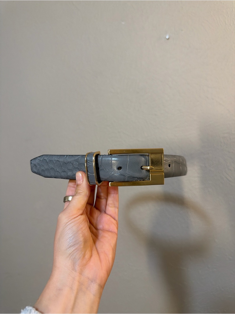 Stacy Adams Gray Textured Leather Belt with Gold Buckle
